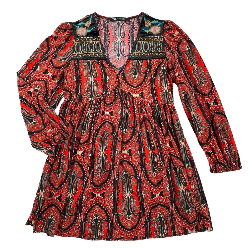 Zara Womens S Velvet Trim Red Paisley Embroidered Babydoll Mini Dress Boho Chic